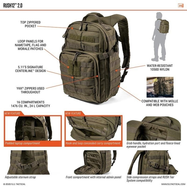 Sac à Dos Rush 12 2.0 5.11 Tactical - Sac à dos militaire tactique 5.11 Tactical Quaerius