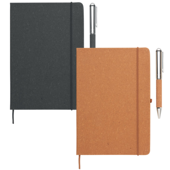 Ensemble Carnet A5 en cuir recyclé avec Stylo métallique twist assorti 160 pages lignées (80 feuilles)